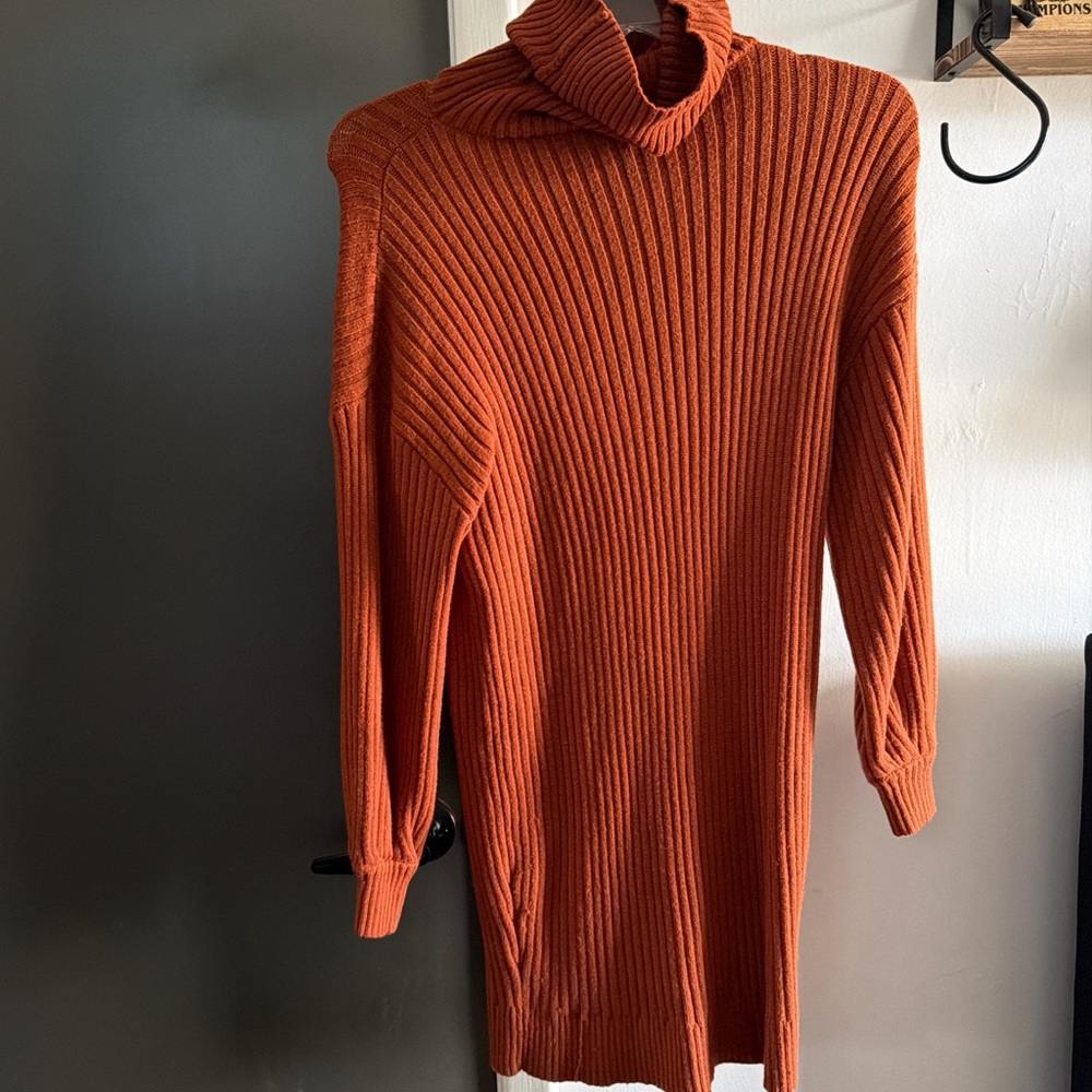 Orange Ribbed Turtleneck sweater dress